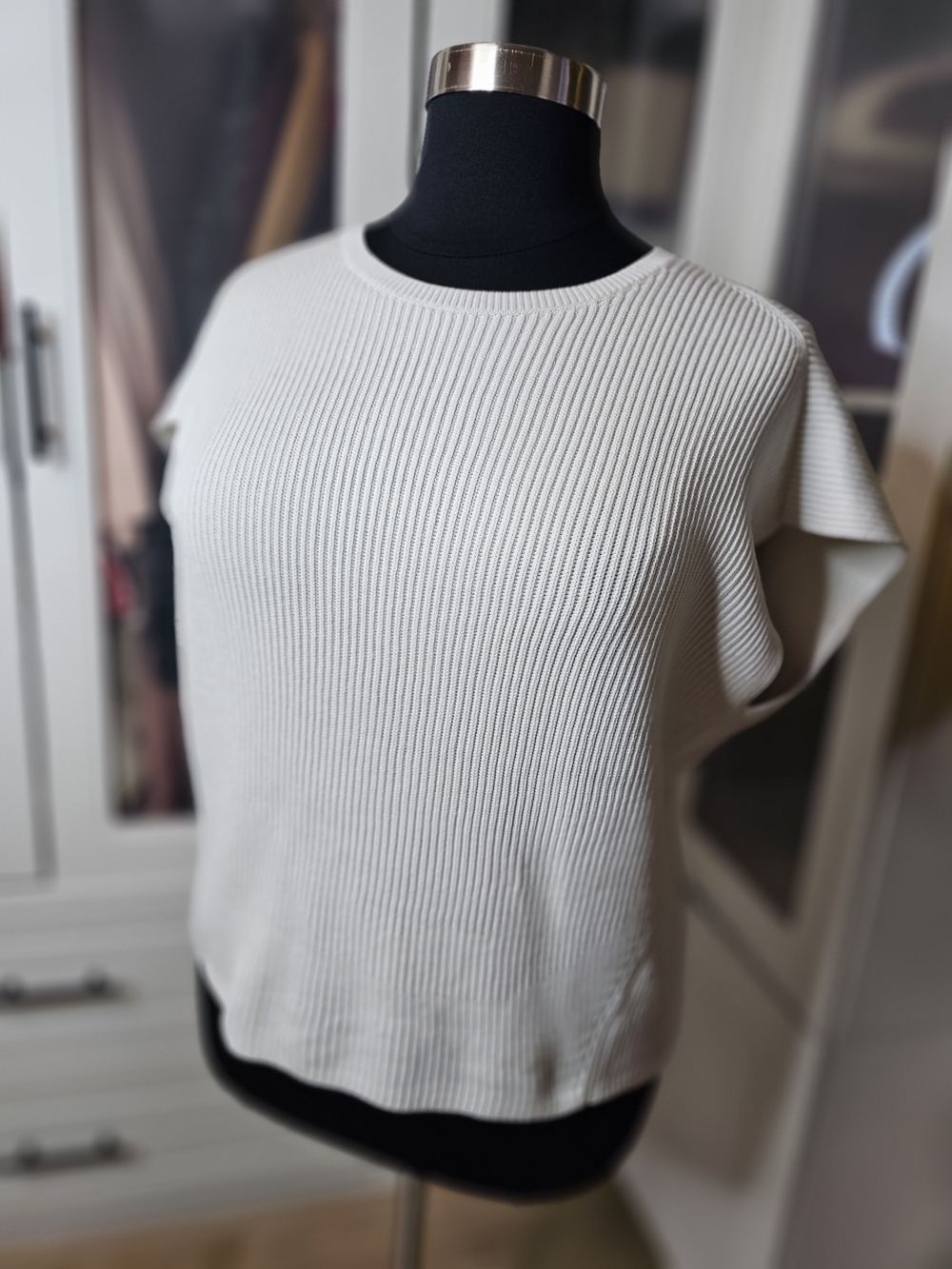 Lafayette 148 New York Ribbed Short-Sleeve Knit Top - Cream